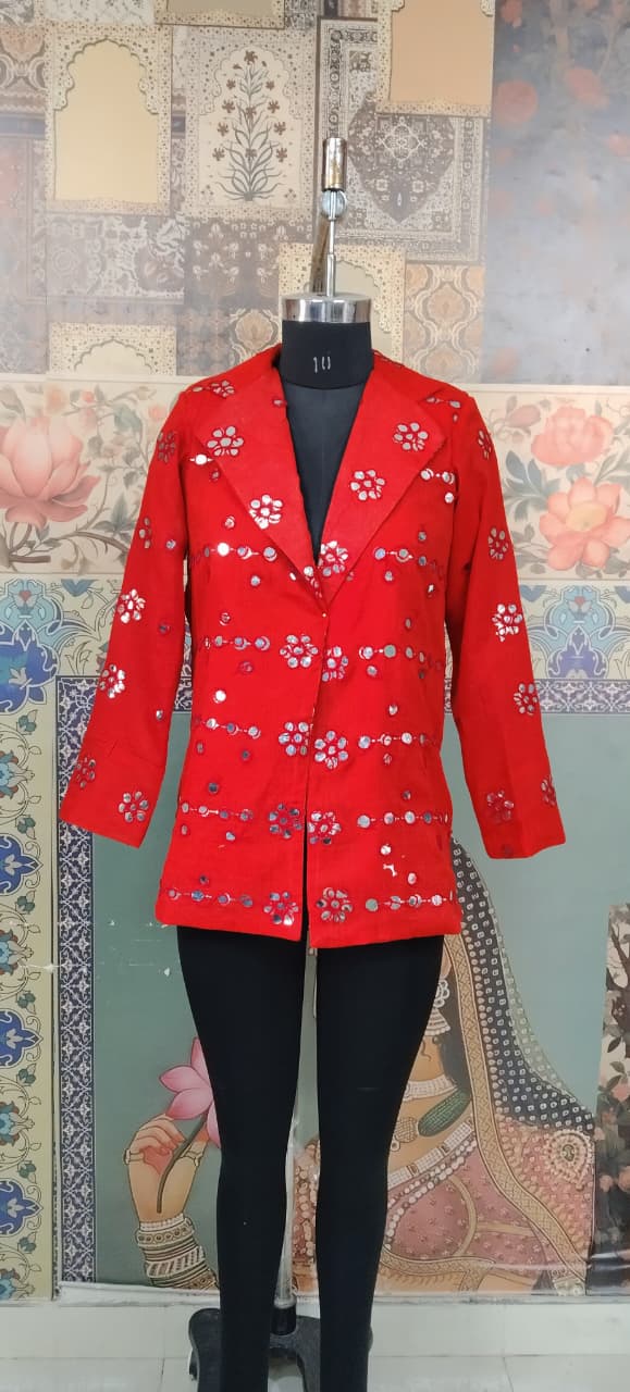 Hand-Embroidered Red Mirrorwork Blazer