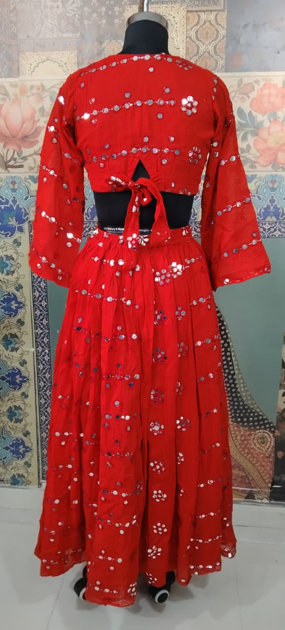 Red Mirrorwork Tie-Knot Top & Flared Skirt Set – “Nakhrewali