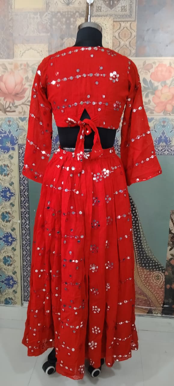 Red Mirrorwork Tie-Knot Top & Flared Skirt Set – “Nakhrewali