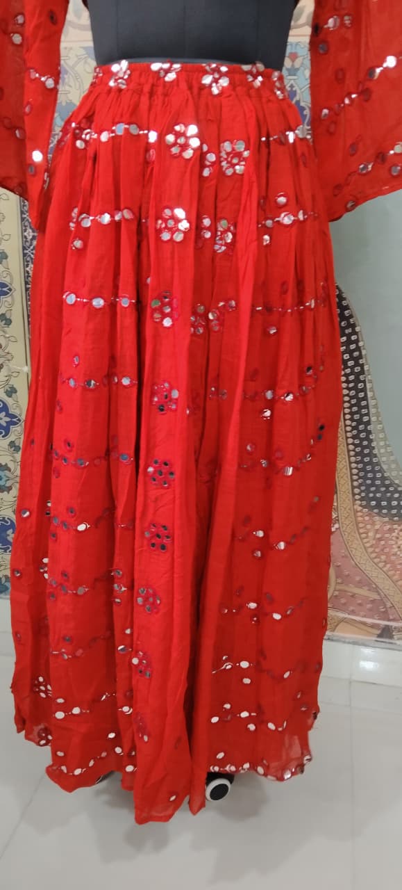 Red Mirrorwork Tie-Knot Top & Flared Skirt Set – “Nakhrewali