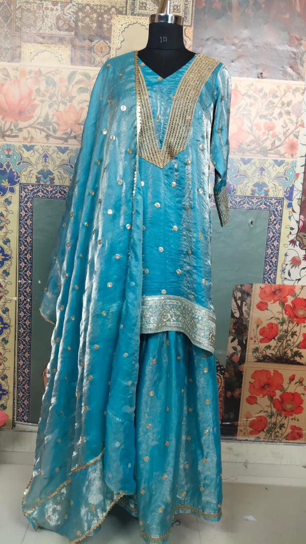 Sky Blue Zari Dot Kurta Palazzo Set with Dupatta