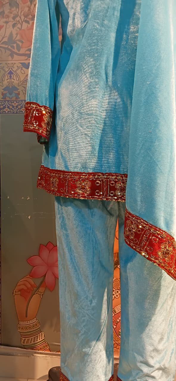 Aqua Blue Velvet Kurta Set with Red Zardozi Embroidery & Dupatta – Festive & Wedding Wear - Rajni Collection