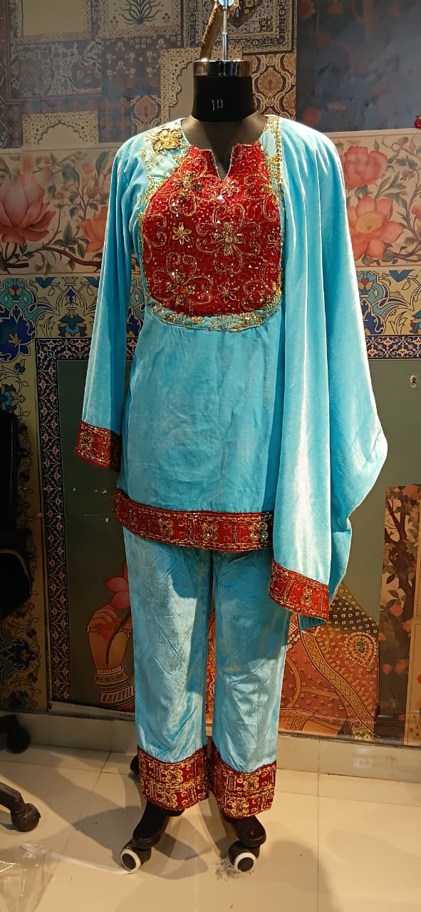 Aqua Blue Velvet Kurta Set with Red Zardozi Embroidery & Dupatta – Festive & Wedding Wear - Rajni Collection