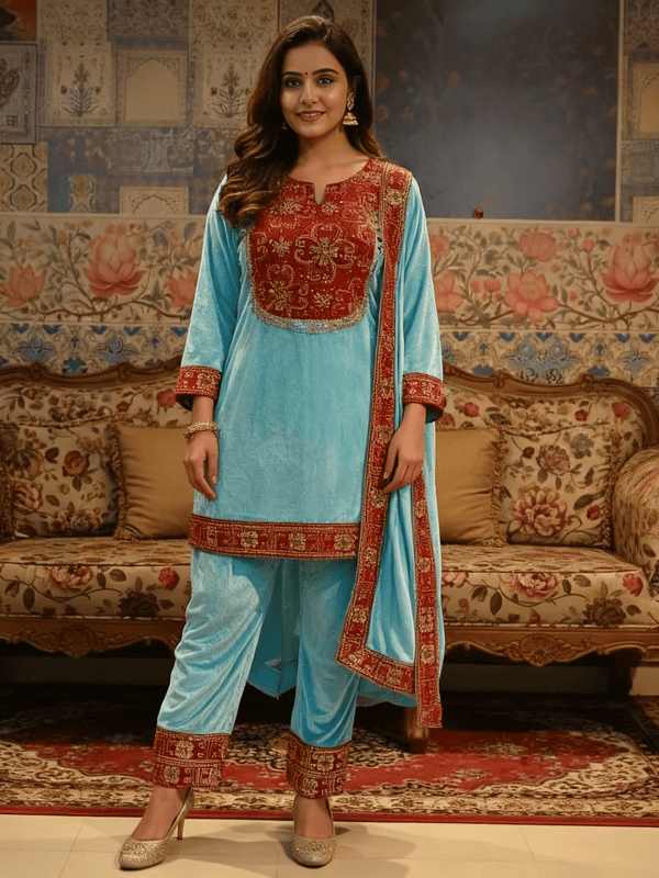 Aqua Blue Velvet Kurta Set with Red Zardozi Embroidery & Dupatta – Festive & Wedding Wear - Rajni Collection