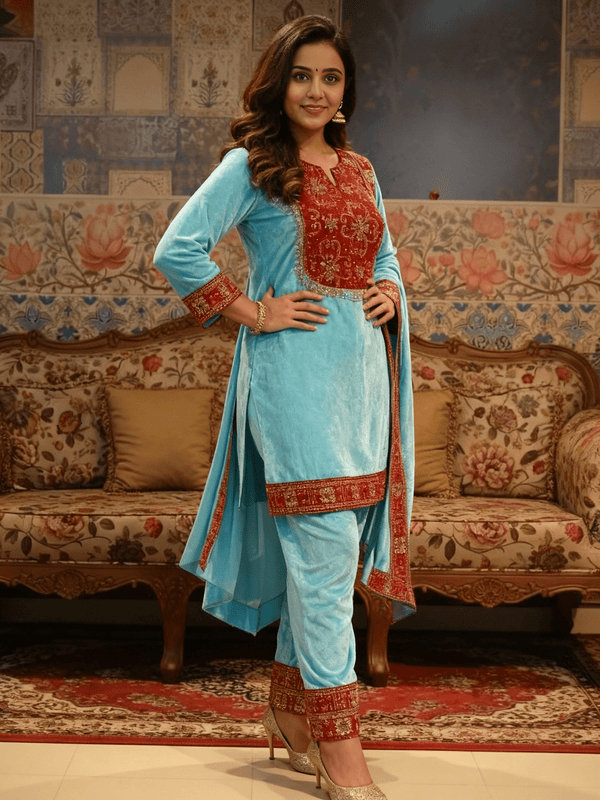 Aqua Blue Velvet Kurta Set with Red Zardozi Embroidery & Dupatta – Festive & Wedding Wear - Rajni Collection