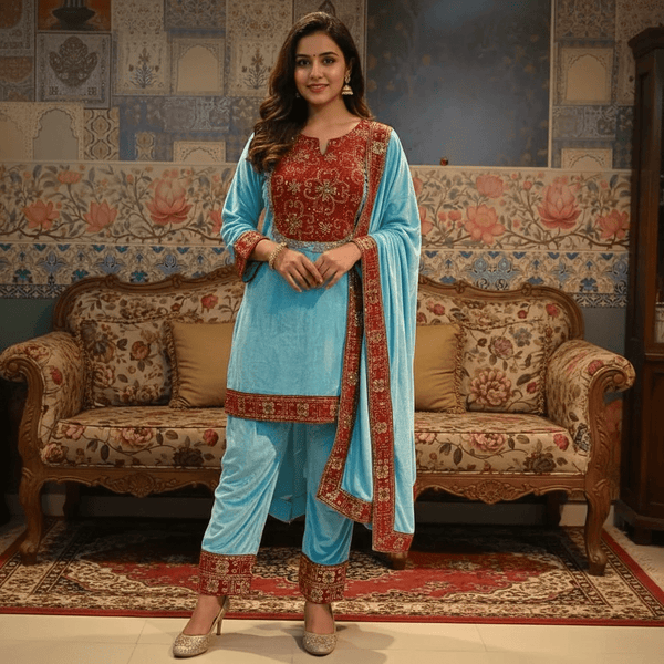 Aqua Blue Velvet Kurta Set with Red Zardozi Embroidery & Dupatta – Festive & Wedding Wear - Rajni Collection
