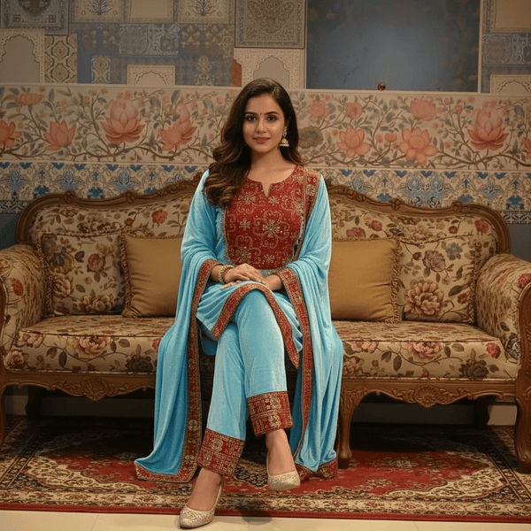 Aqua Blue Velvet Kurta Set with Red Zardozi Embroidery & Dupatta – Festive & Wedding Wear - Rajni Collection