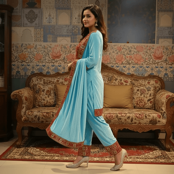 Aqua Blue Velvet Kurta Set with Red Zardozi Embroidery & Dupatta – Festive & Wedding Wear - Rajni Collection