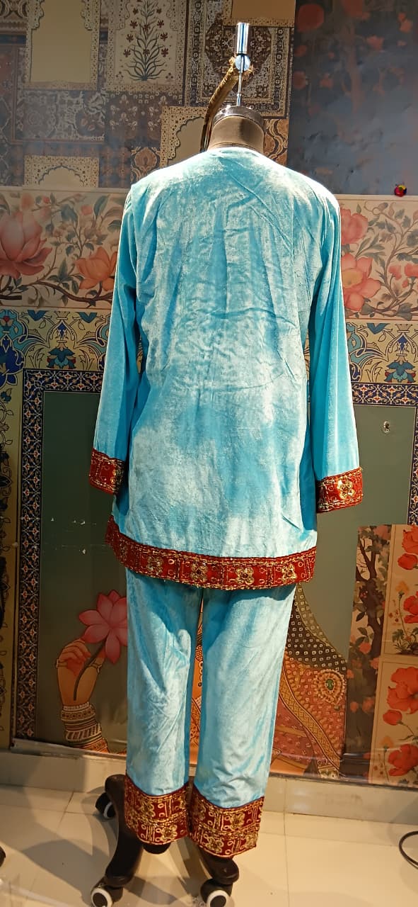 Aqua Blue Velvet Kurta Set with Red Zardozi Embroidery & Dupatta – Festive & Wedding Wear - Rajni Collection