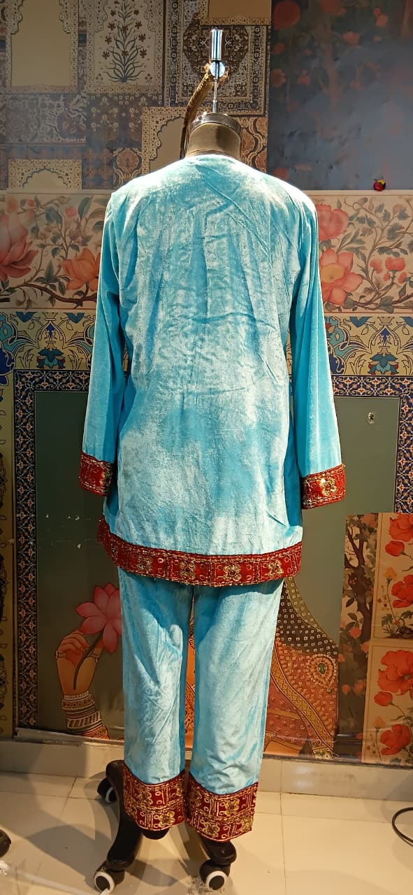 Aqua Blue Velvet Kurta Set with Red Zardozi Embroidery & Dupatta – Festive & Wedding Wear - Rajni Collection
