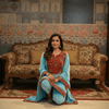 Aqua Blue Velvet Kurta Set with Red Zardozi Embroidery & Dupatta – Festive & Wedding Wear - Rajni Collection