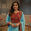 Aqua Blue Velvet Kurta Set with Red Zardozi Embroidery & Dupatta – Festive & Wedding Wear - Rajni Collection