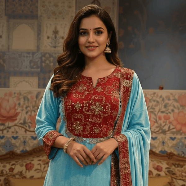 Aqua Blue Velvet Kurta Set with Red Zardozi Embroidery & Dupatta – Festive & Wedding Wear - Rajni Collection