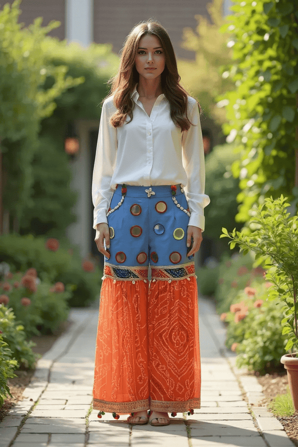 Bandhani Fusion Palazzo Pants with Mirror Work & Pompom Hand Embroidery - Rajni Collection