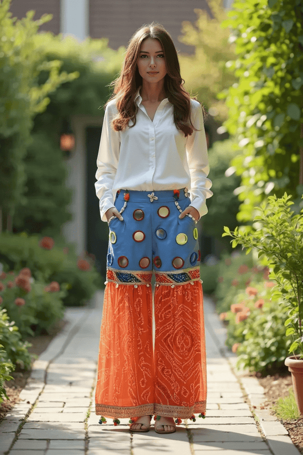 Bandhani Fusion Palazzo Pants with Mirror Work & Pompom Hand Embroidery - Rajni Collection