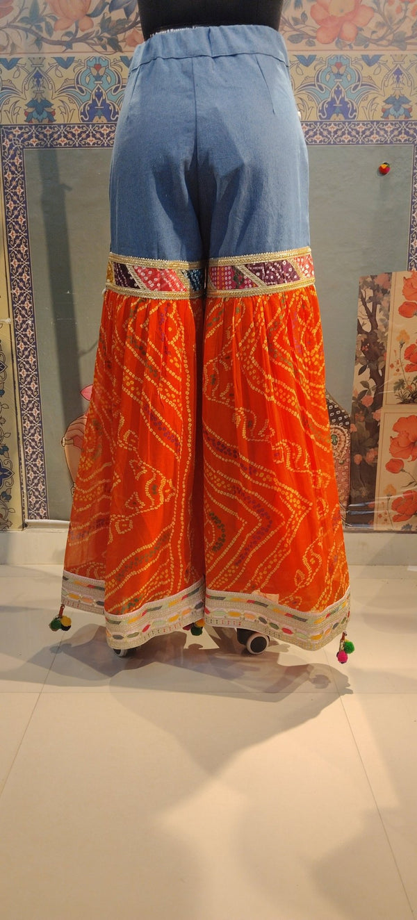 Bandhani Fusion Palazzo Pants with Mirror Work & Pompom Hand Embroidery - Rajni Collection