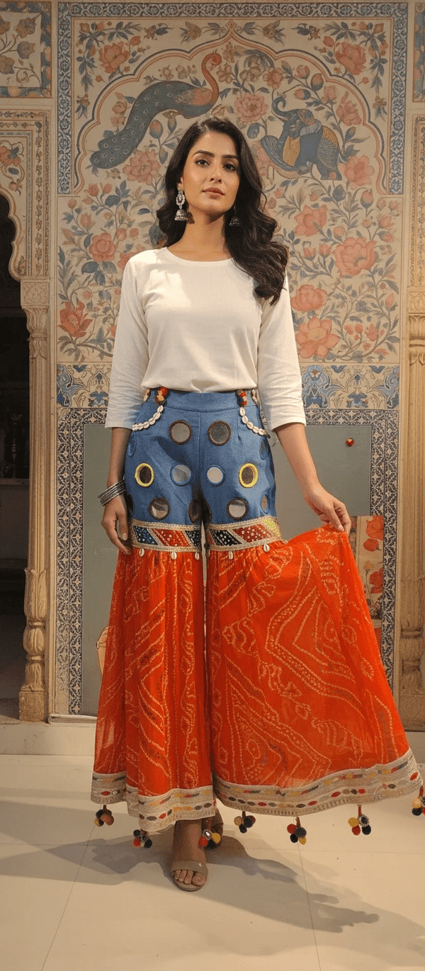 Bandhani Fusion Palazzo Pants with Mirror Work & Pompom Hand Embroidery - Rajni Collection