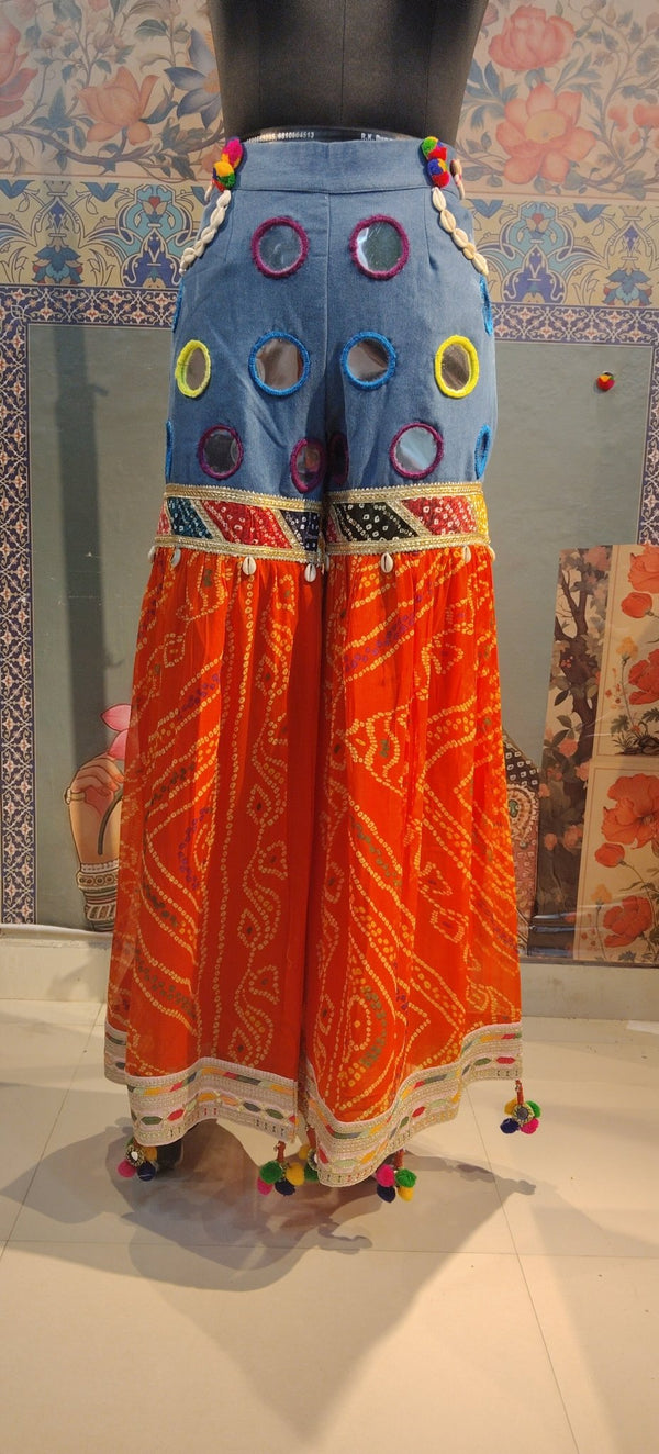 Bandhani Fusion Palazzo Pants with Mirror Work & Pompom Hand Embroidery - Rajni Collection