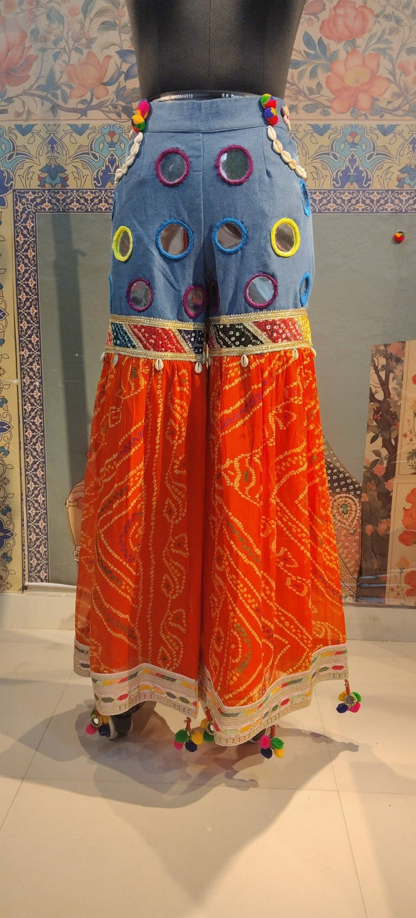 Bandhani Fusion Palazzo Pants with Mirror Work & Pompom Hand Embroidery - Rajni Collection