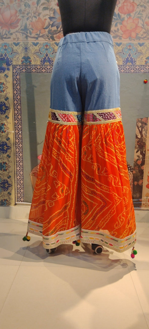 Bandhani Fusion Palazzo Pants with Mirror Work & Pompom Hand Embroidery - Rajni Collection