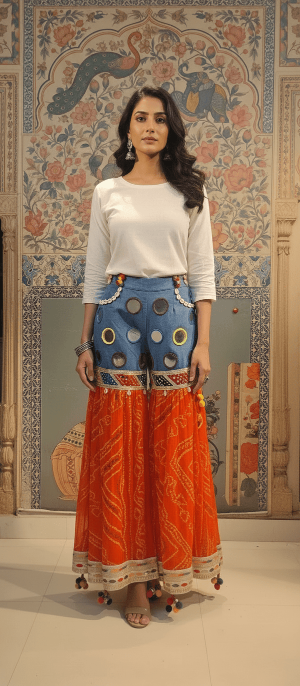 Bandhani Fusion Palazzo Pants with Mirror Work & Pompom Hand Embroidery - Rajni Collection