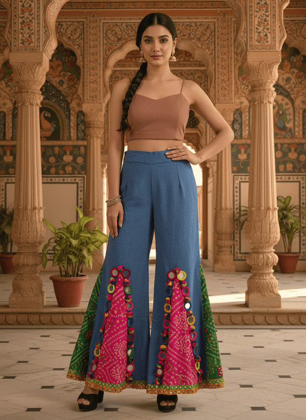 Bandhani Patchwork Wide - Leg Pants with Mirror Accents - Rajni Collection