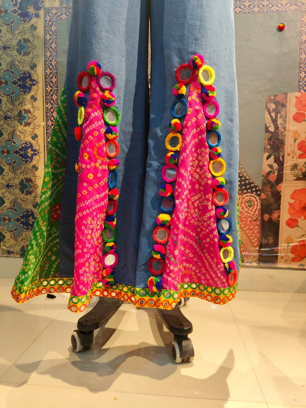 Bandhani Patchwork Wide - Leg Pants with Mirror Accents - Rajni Collection