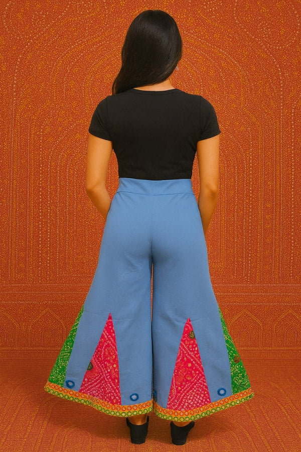 Bandhani Patchwork Wide - Leg Pants with Mirror Accents - Rajni Collection