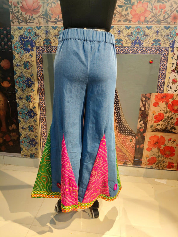 Bandhani Patchwork Wide - Leg Pants with Mirror Accents - Rajni Collection