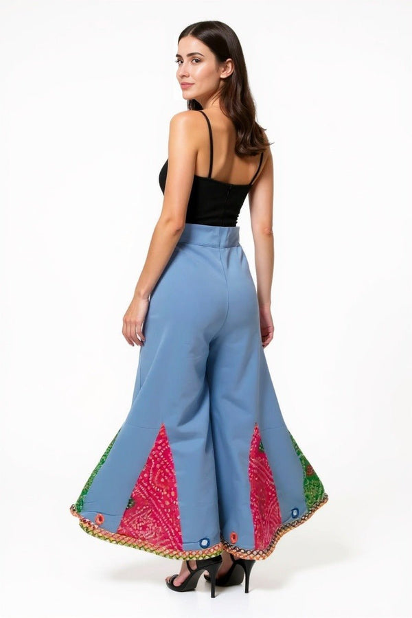 Bandhani Patchwork Wide - Leg Pants with Mirror Accents - Rajni Collection
