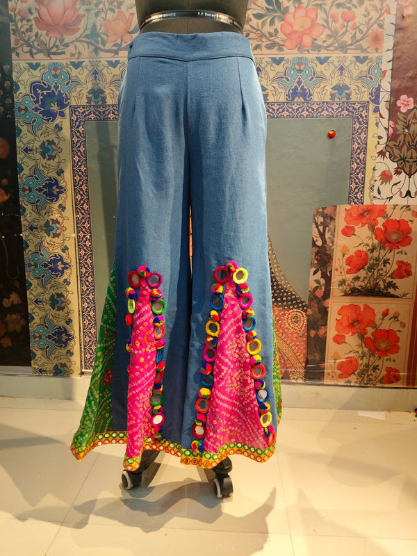 Bandhani Patchwork Wide - Leg Pants with Mirror Accents - Rajni Collection