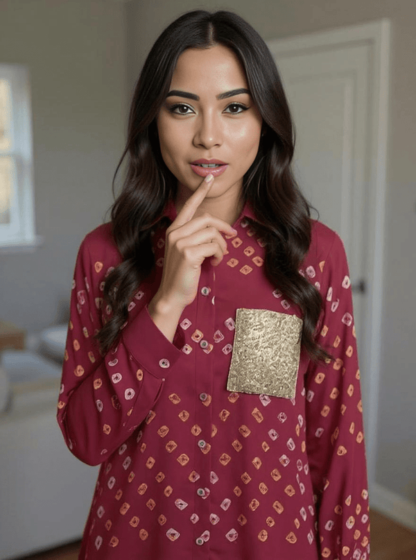 Bandhini Shirt Maroon with Golden Sequin Pocket – Festive Fusion Wear - Rajni Collection