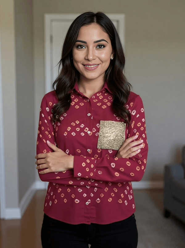 Bandhini Shirt Maroon with Golden Sequin Pocket – Festive Fusion Wear - Rajni Collection