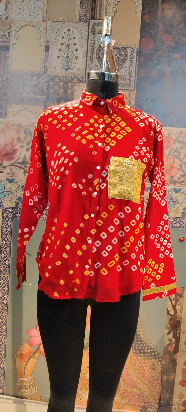 Bandhini Shirt Maroon with Golden Sequin Pocket – Festive Fusion Wear - Rajni Collection