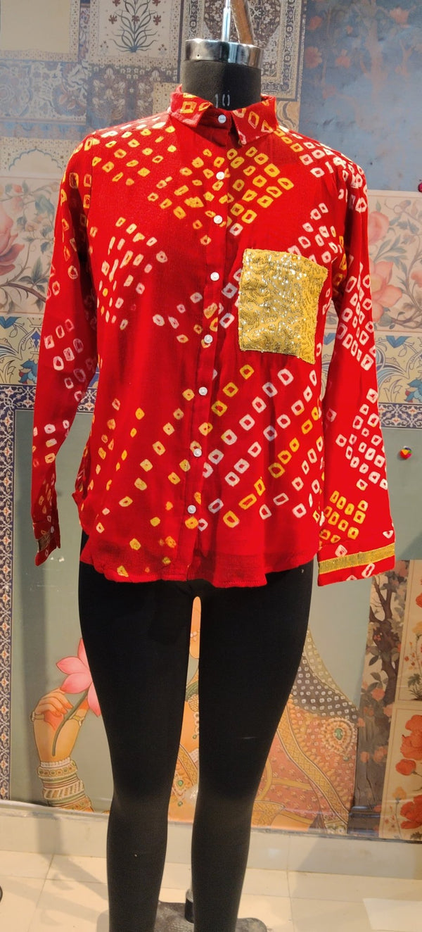 Bandhini Shirt Maroon with Golden Sequin Pocket – Festive Fusion Wear - Rajni Collection