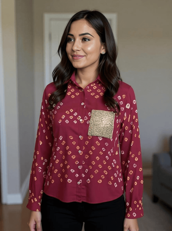 Bandhini Shirt Maroon with Golden Sequin Pocket – Festive Fusion Wear - Rajni Collection