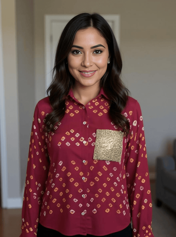 Bandhini Shirt Maroon with Golden Sequin Pocket – Festive Fusion Wear - Rajni Collection