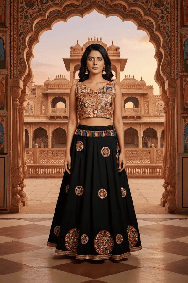Black Embroidered Lehenga with Mirror Work & Printed Blouse - Rajni Collection
