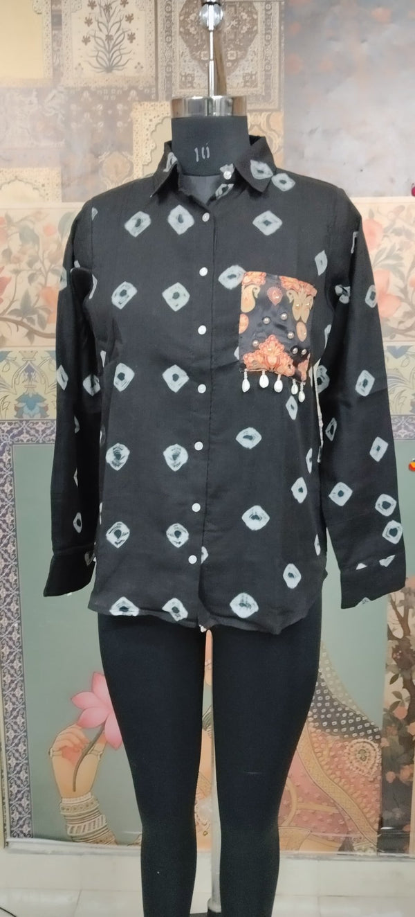Black Man Bandhani Print Shirt with Handcrafted Patch Pocket - Rajni Collection