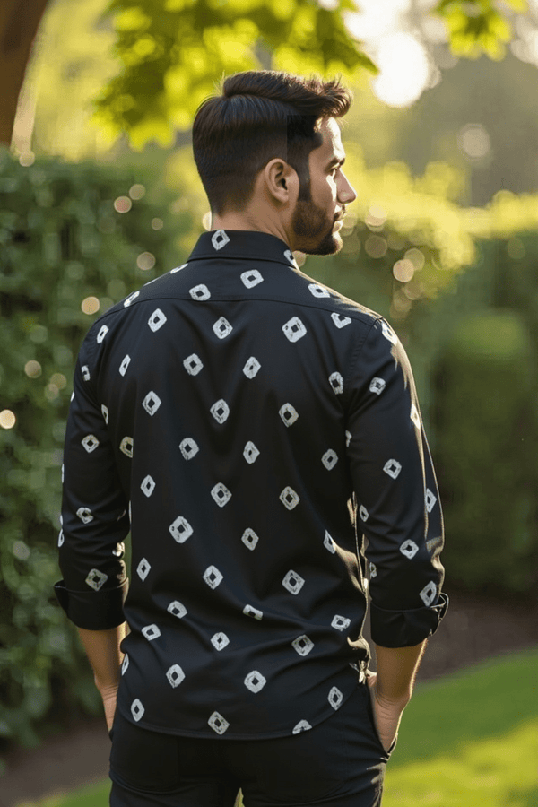 Black Man Bandhani Print Shirt with Handcrafted Patch Pocket - Rajni Collection