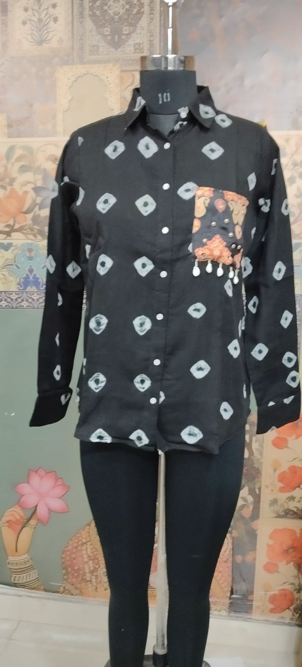 Black Man Bandhani Print Shirt with Handcrafted Patch Pocket - Rajni Collection