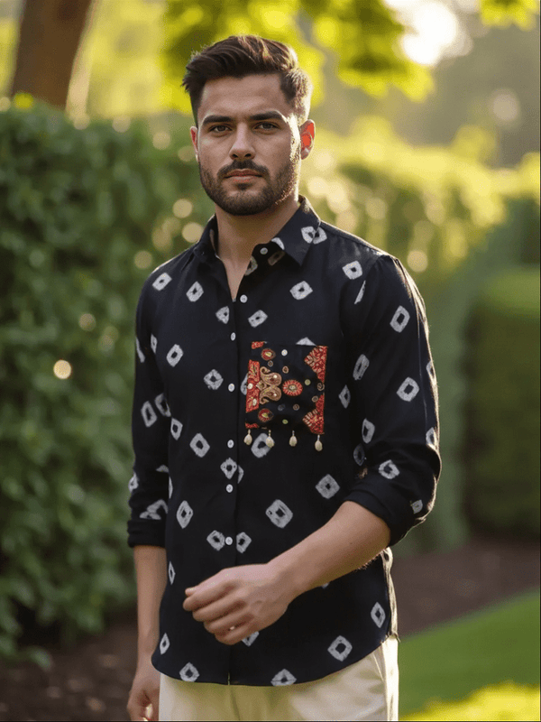 Black Man Bandhani Print Shirt with Handcrafted Patch Pocket - Rajni Collection