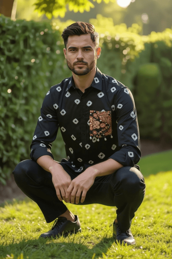 Black Man Bandhani Print Shirt with Handcrafted Patch Pocket - Rajni Collection