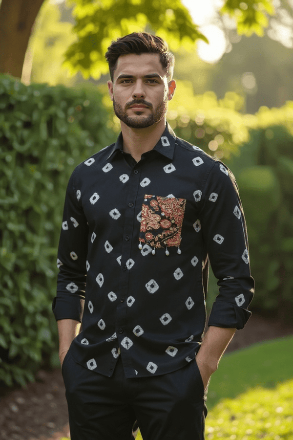 Black Man Bandhani Print Shirt with Handcrafted Patch Pocket - Rajni Collection