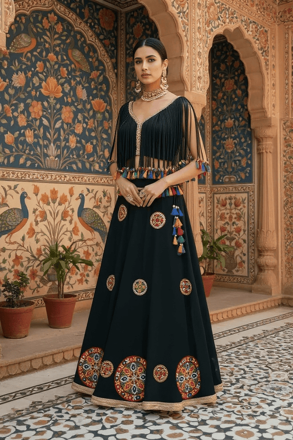 Black Mirror Work Tassel Lehenga Set - Rajni Collection