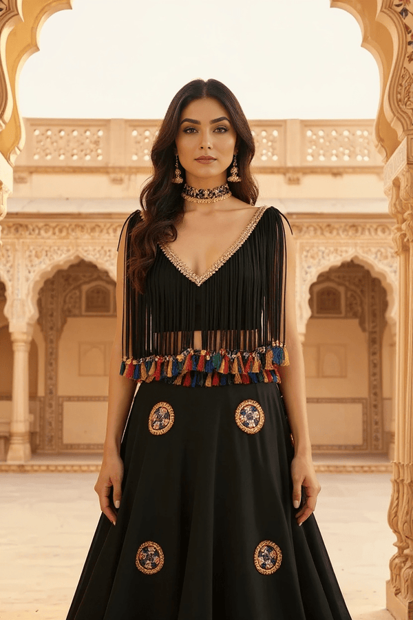 Black Mirror Work Tassel Lehenga Set - Rajni Collection