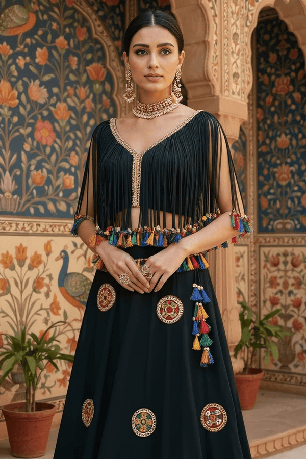 Black Mirror Work Tassel Lehenga Set - Rajni Collection