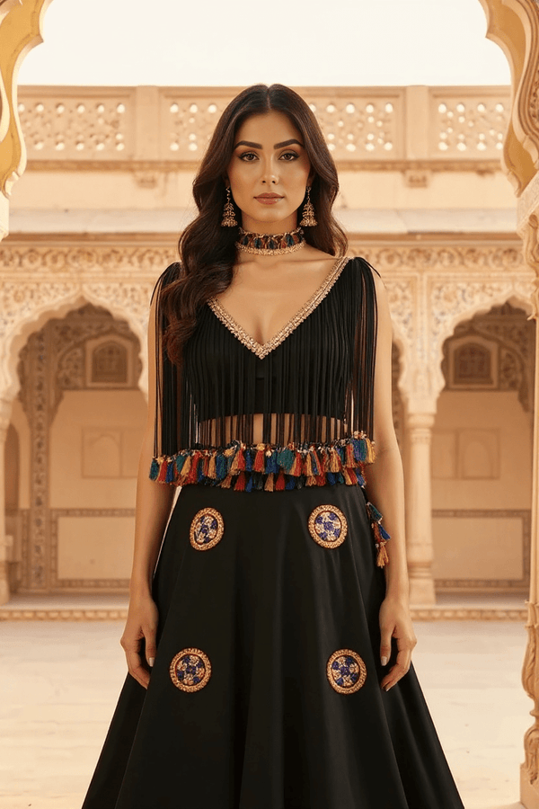 Black Mirror Work Tassel Lehenga Set - Rajni Collection