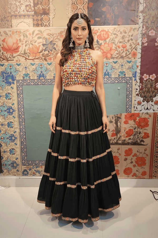 Black Tiered Lehenga with Multicolor Beaded Blouse - Rajni Collection