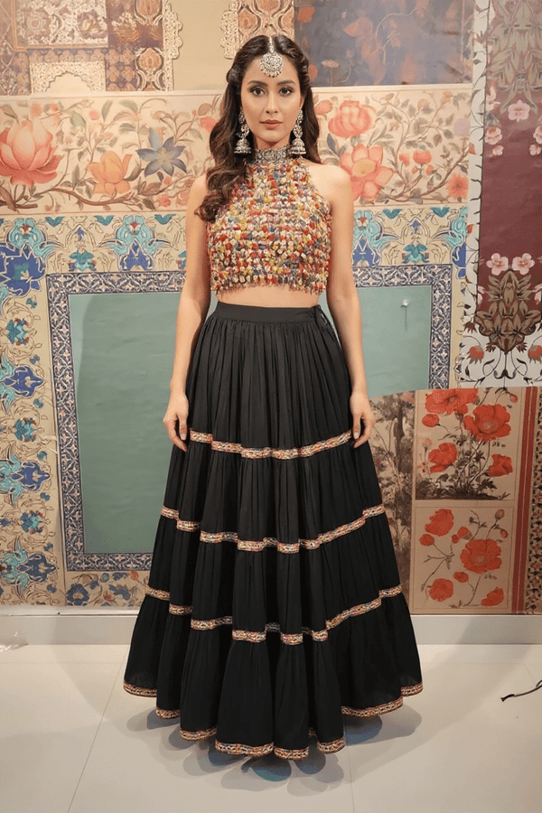 Black Tiered Lehenga with Multicolor Beaded Blouse - Rajni Collection